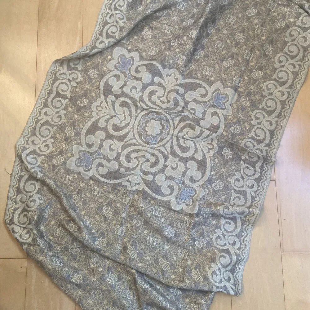 GOLD GLAM Metallic Thread Large Shawl Scarf With Tassels And Butterfly Print